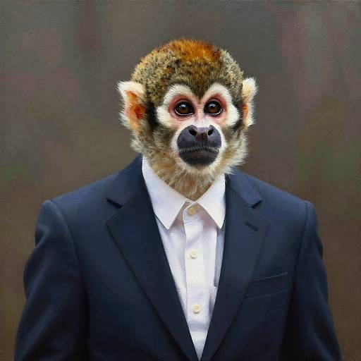 Photograph of a monkey with brown and white fur, black nose, and expressive eyes, wearing a black suit and white shirt, against a blurred dark