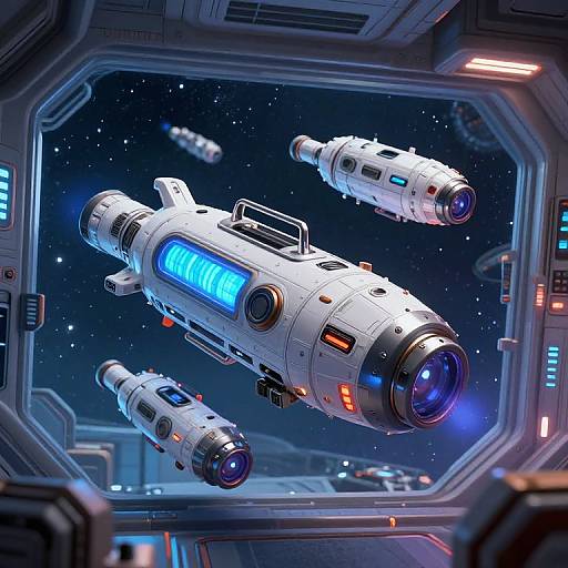 CGI image of four white, futuristic, cylindrical spacecraft with blue and orange lights, floating in a starry space, viewed through a hexagonal spaceship