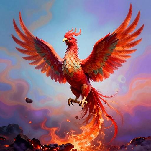 Digital art of a vibrant red Phoenix with outstretched wings, fiery tail, and glowing eyes, rising from a blazing lava pool against a colorful,