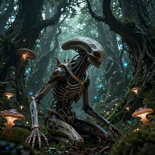 Digital artwork of a biomechanical alien kneeling in a dark, enchanted forest with glowing mushrooms and bioluminescent fungi.