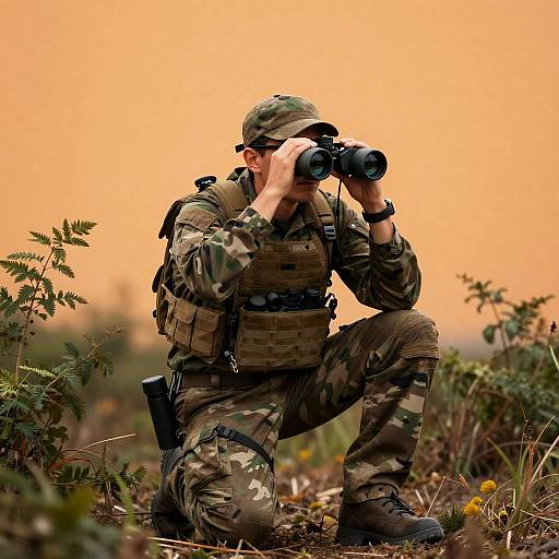 Photograph of a male soldier in camouflage uniform, crouching, using binoculars, in a grassy, orange-tinged sunset field