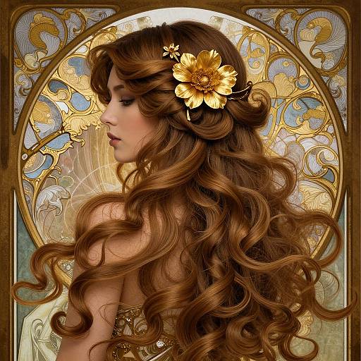 Woman with Flowing Hair and Gold Flower