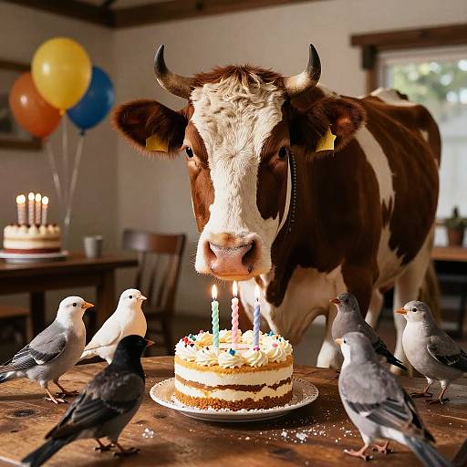 Cow's Cozy Birthday Party with Birds