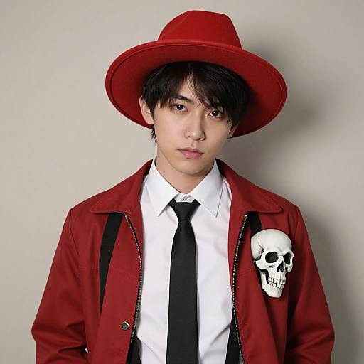 Young Asian man in red hat, red jacket with skull pin, white shirt, black tie, against plain gray background. Photographic portrait.