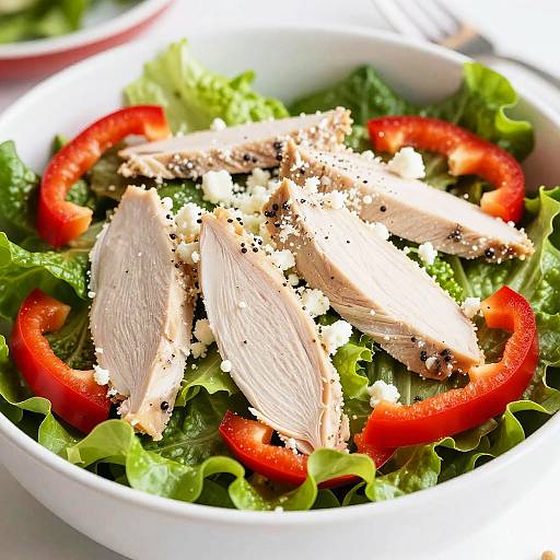 Photograph of a fresh salad with sliced turkey, red bell pepper rings, green leaf lettuce, and sprinkled black pepper in a white bowl.