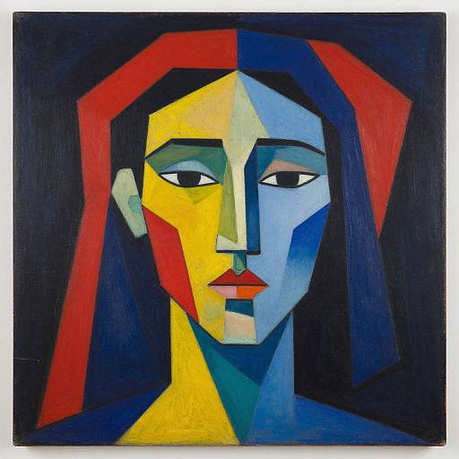 Abstract, geometric portrait painting in bold colors: blue, yellow, red, and black. Faces fragmented into sharp, angular shapes. Expressionless eyes,