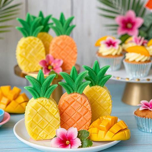 Photograph of vibrant pineapple cupcakes with green leaf toppers, orange and yellow pineapple-shaped bases, pink hibiscus flowers, and tropical background.