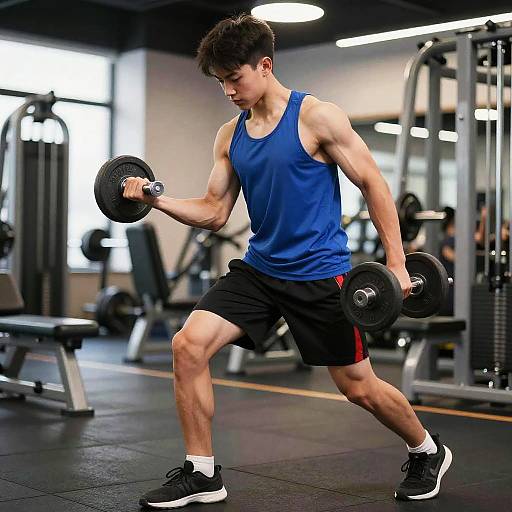 Photograph of a muscular young man with short brown hair, wearing a blue tank top and black shorts, performing a dumbbell squat in a modern,