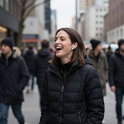 Photograph of a smiling woman with medium-length brown hair, wearing a black puffer jacket and white earbuds, standing on a busy city street