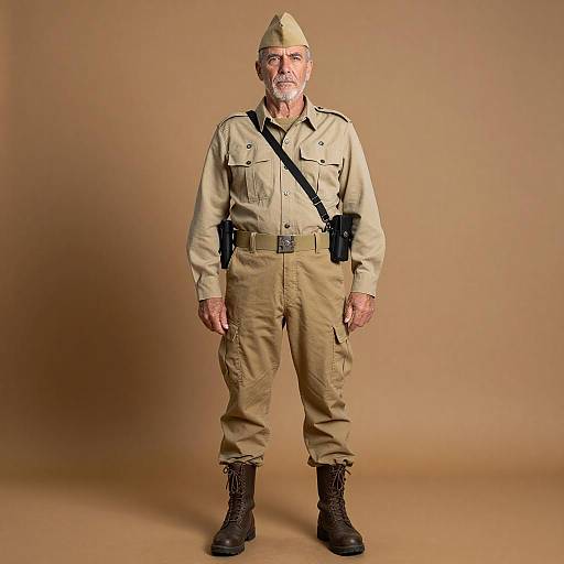 Photograph of an elderly white man with gray beard, wearing a beige military uniform, black boots, and a cap, standing against a plain brown background