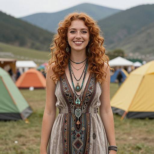 Smiling Woman in Bohemian Dress at Outdoor Festival