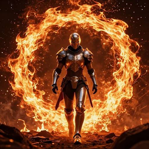 Photo-realistic digital artwork of a armored warrior standing in front of a fiery, circular flame, with a dark, starry background.