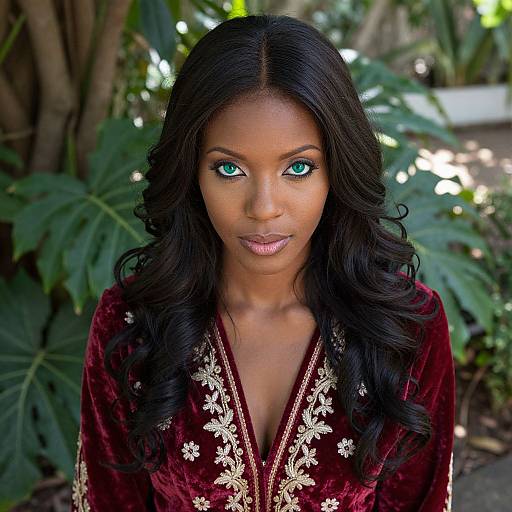 Photograph of a beautiful Black woman with striking green eyes, wearing a deep red velvet robe with gold floral embroidery, against a lush green tropical background.