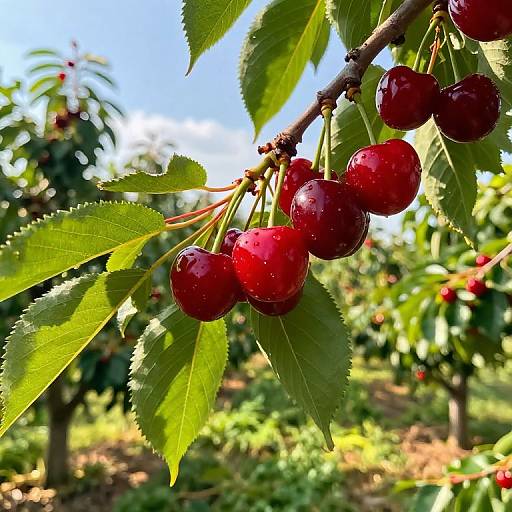 Close-up photograph of bright red cherries on a sunlit branch with green leaves, set against a blurred orchard background.