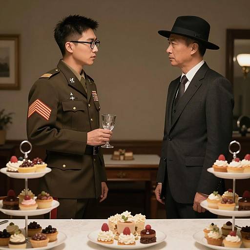 Two Men Facing Each Other in Military and Formal Attire