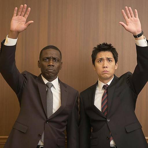 Dynamic Duo in Suits Against Wood