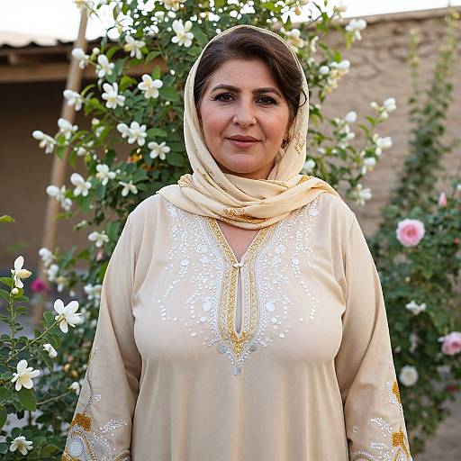Photograph of a middle-aged South Asian woman with medium build, wearing a cream-colored traditional outfit with gold embroidery, and a beige headscarf,