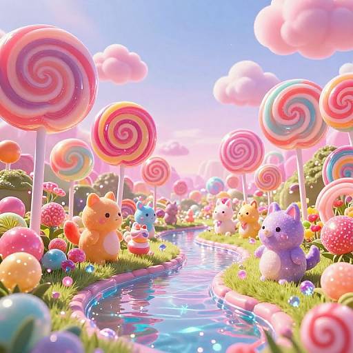Whimsical digital art of colorful, fluffy candy-themed animals near a sparkling stream, surrounded by giant pink and white swirl lollipops and vibrant