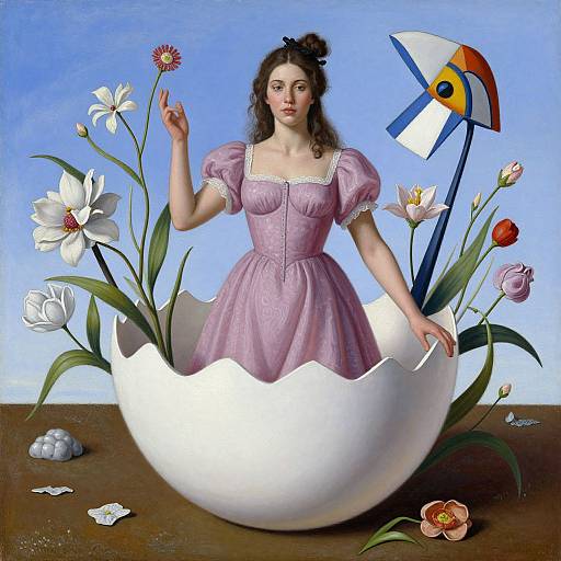 Surrealist painting of a woman in a lavender dress emerging from a cracked egg, surrounded by flowers and a toucan, against a blue sky.