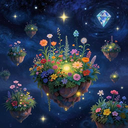 Digital art: Floating, vibrant flower gardens illuminated by glowing lights, set against a starry, cosmic blue background with a large diamond-shaped crystal.
