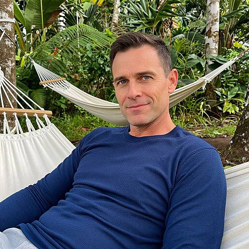 Photograph of a middle-aged, fair-skinned man with short brown hair, wearing a navy blue long-sleeve shirt, sitting in a white