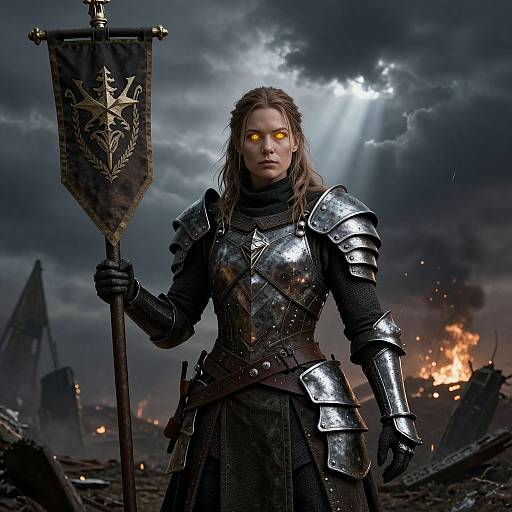 Digital art of a fierce female warrior with glowing yellow eyes, wearing dark, weathered armor, holding a black banner with a star emblem, amidst a
