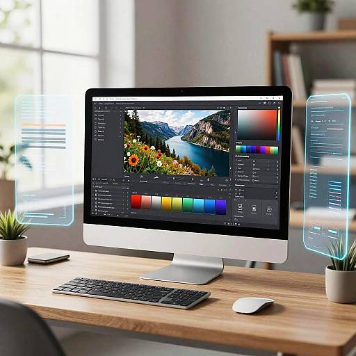 Photograph of a modern desk with an iMac, colorful photo on screen, black keyboard, white mouse, potted plants, and translucent interface panels