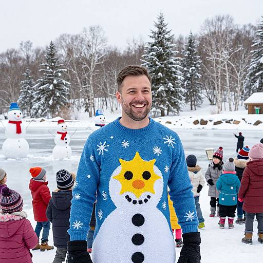 Photograph of a smiling bearded man in a blue snowman sweater, standing in a snowy park with children building snowmen.