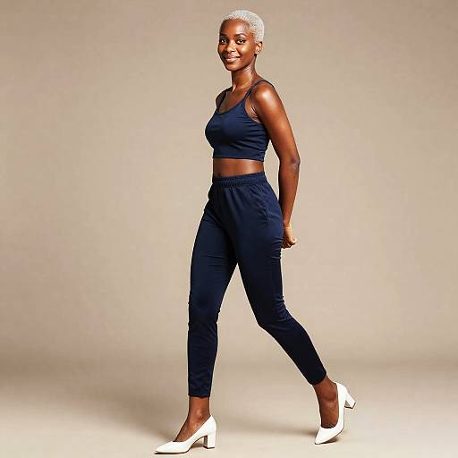 Confident Woman Walking in Navy Outfit