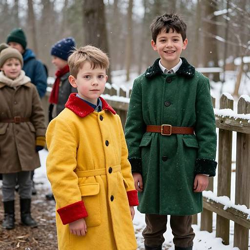Photograph of two young boys in winter coats, one yellow with red cuffs, one green with brown belt, standing on snow-covered path, surrounded by