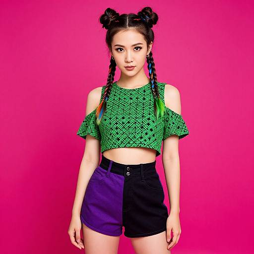 Photograph of an Asian woman with braided hair in double buns, wearing a green crop top and black-and-purple high-waisted shorts,