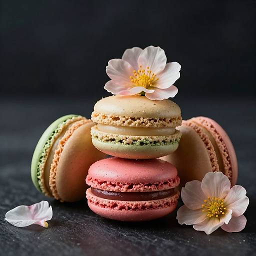 Photograph of stacked pastel macarons (pink, green, cream) topped with white cherry blossoms, dark background, scattered petals on black