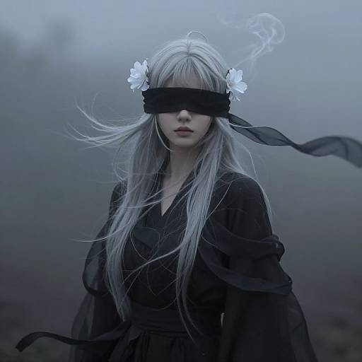 Mysterious woman with long silver hair, black blindfold, white flower headpiece, and black flowing robe in misty, blue-grey background.