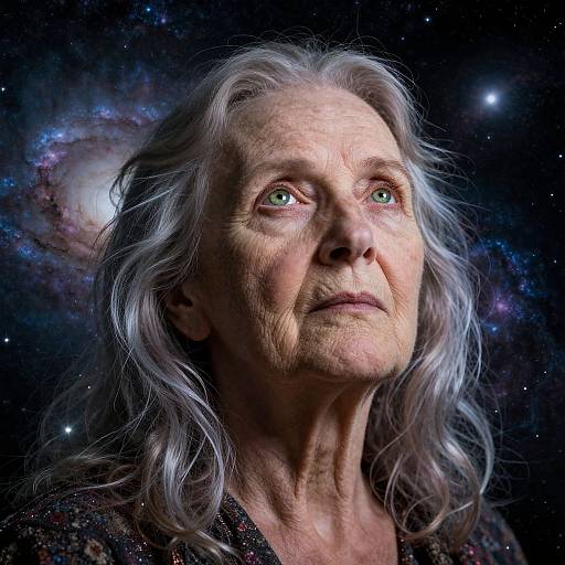 Photorealistic portrait of an elderly woman with long silver hair, green eyes, and deep wrinkles, gazing upward against a cosmic background.