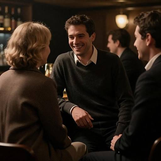 Laughing Man in Cozy Bar Conversation