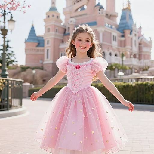Photograph of a smiling young girl with light brown hair wearing a pink, star-embellished princess dress, standing in front of a sunlit