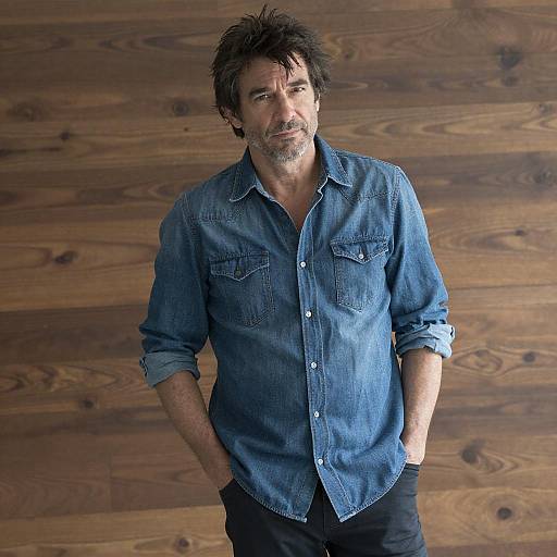 Middle-aged man in denim shirt standing against wooden background