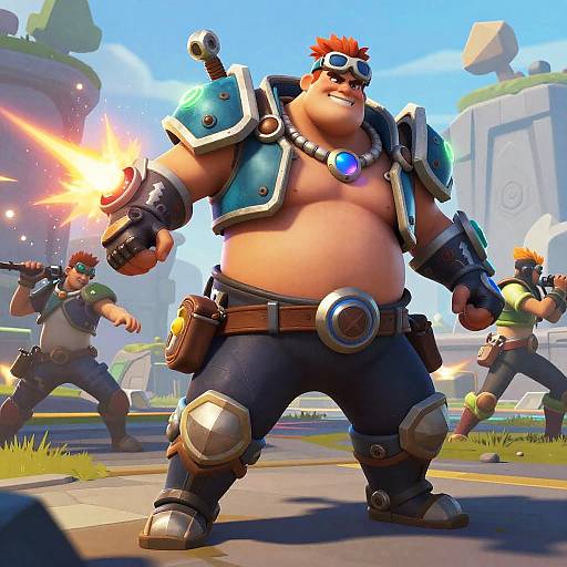 Digital artwork of a muscular, red-haired, overweight man in futuristic armor, standing confidently on a road with two other similarly armed men, amidst a vibrant