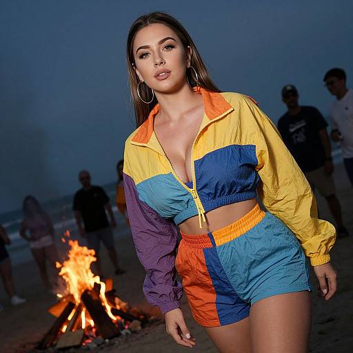 Photograph of a woman with long brown hair wearing a colorful, zip-up jacket and high-waisted shorts, standing by a beach fire at dusk