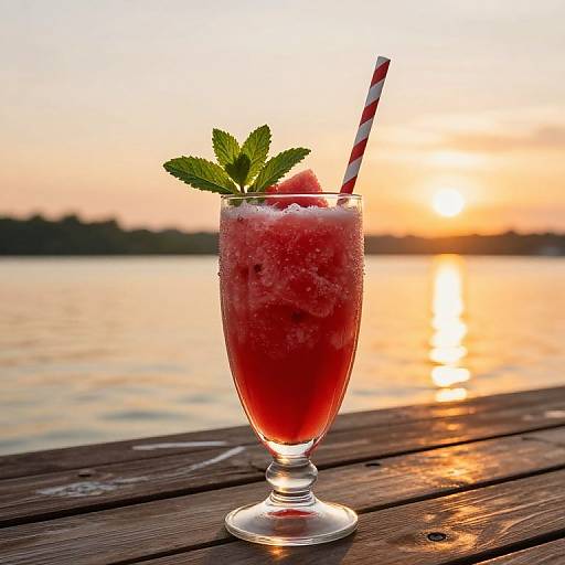 Photograph of a red cocktail with ice, mint leaves, and striped straw on a wooden table at sunset, reflecting on a calm lake.