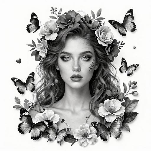 Black-and-white digital drawing of a beautiful woman with wavy hair, floral crown, and butterflies surrounding her. Intense gaze, detailed flowers and butterflies