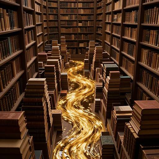 Photograph of a library with wooden shelves filled with books, a glowing golden river of light winding through the center.