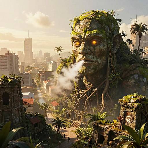 Digital artwork of a massive, moss-covered, zombie-like creature with glowing orange eyes, breathing steam, amidst a ruined, overgrown cityscape at sunset
