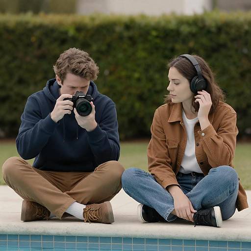 Two People by Pool with Camera and Headphones