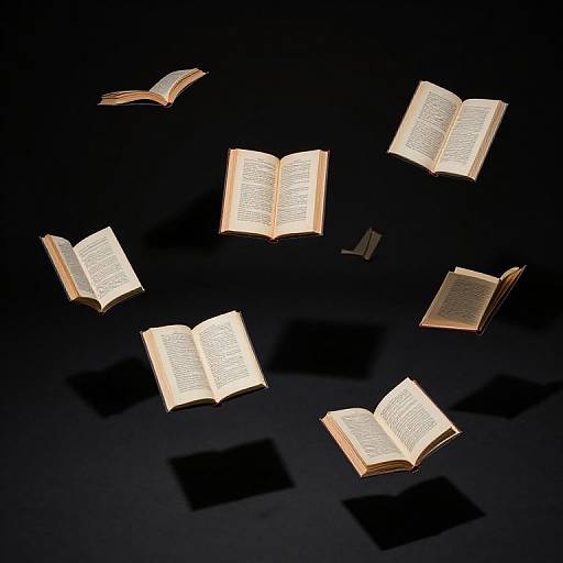 Photograph of seven glowing, open books floating in mid-air against a dark background, casting soft shadows below.