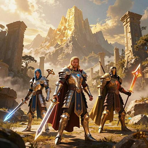 Photorealistic digital artwork of three armored warriors with glowing swords, standing in a sunlit, mountainous, ancient ruin landscape.