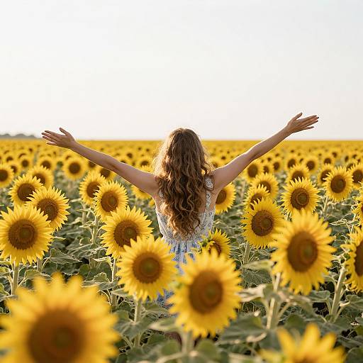 Photograph of a woman with long curly brown hair, wearing a white sleeveless top, standing with arms outstretched in a sunflower field.
