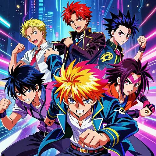 Digital anime-style illustration of seven male characters with vibrant hair, in dynamic poses, fighting stances, set against a neon cityscape background.