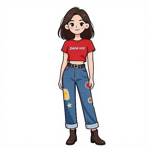 Digital drawing of a cute, young girl with short brown hair, wearing a red 