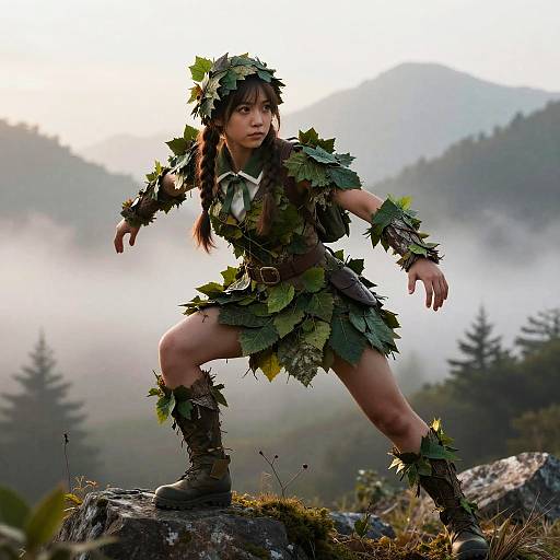 Photograph of an Asian woman in leafy, nature-inspired warrior attire, posing on a rocky mountain ledge with misty forest background.